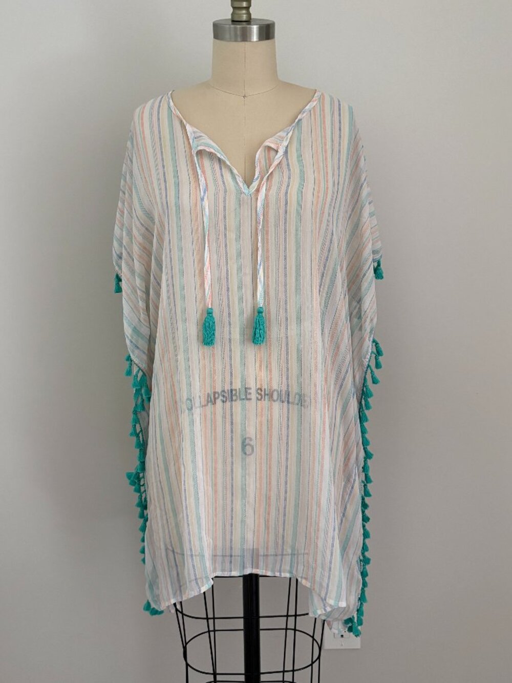 Miken Swim Pastel Stripe Boho Tassel Kaftan Cover Up Poncho Resortwear Cottage M